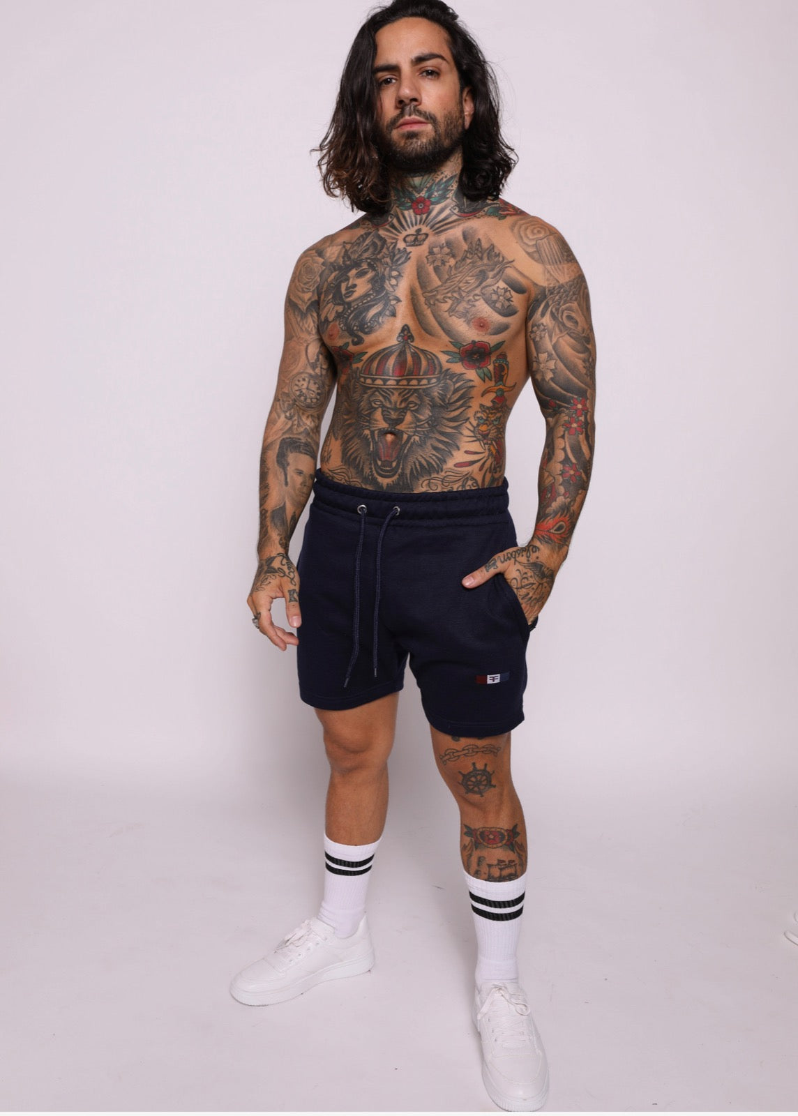 tapered fit zipper short - Navy Blue