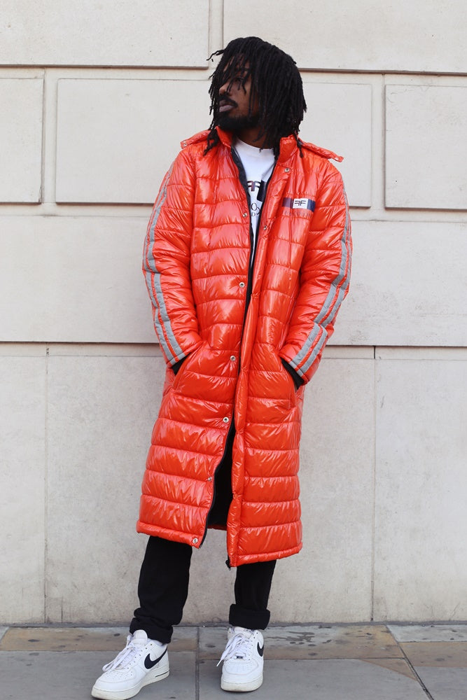 Puffer Long Coat with hoodies - Water Resistant - Orange