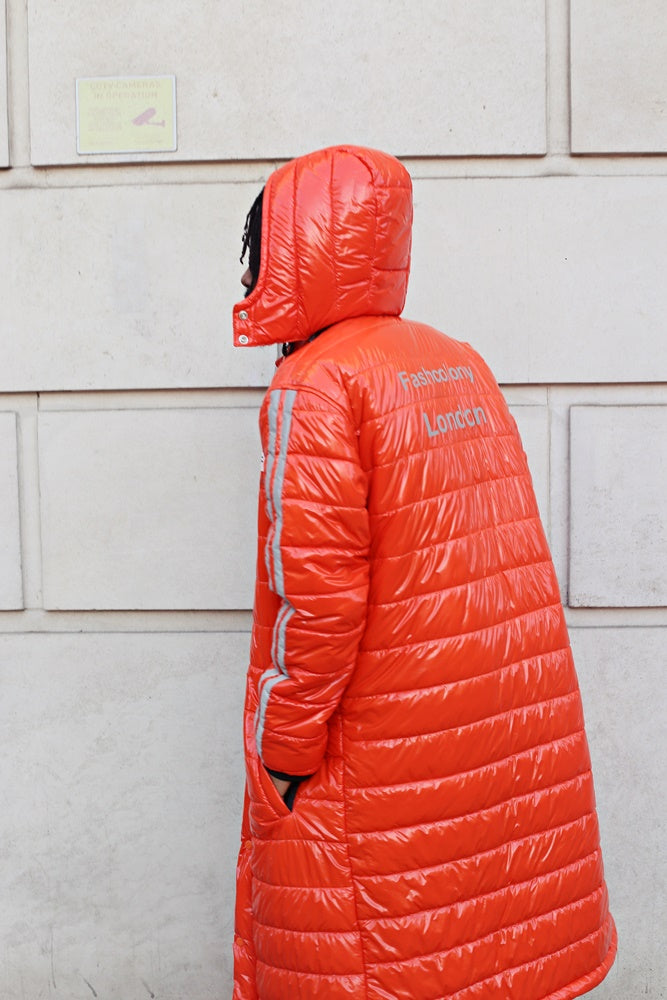 Puffer Long Coat with hoodies - Water Resistant - Orange